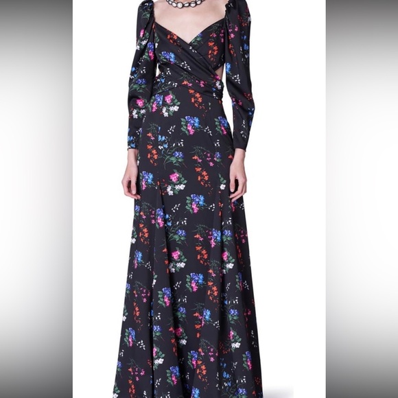 Carolina Herrera Floral-Print Crossover Cutout Puff-Sleeve Gown SZ 2 NWT - Picture 2 of 9
